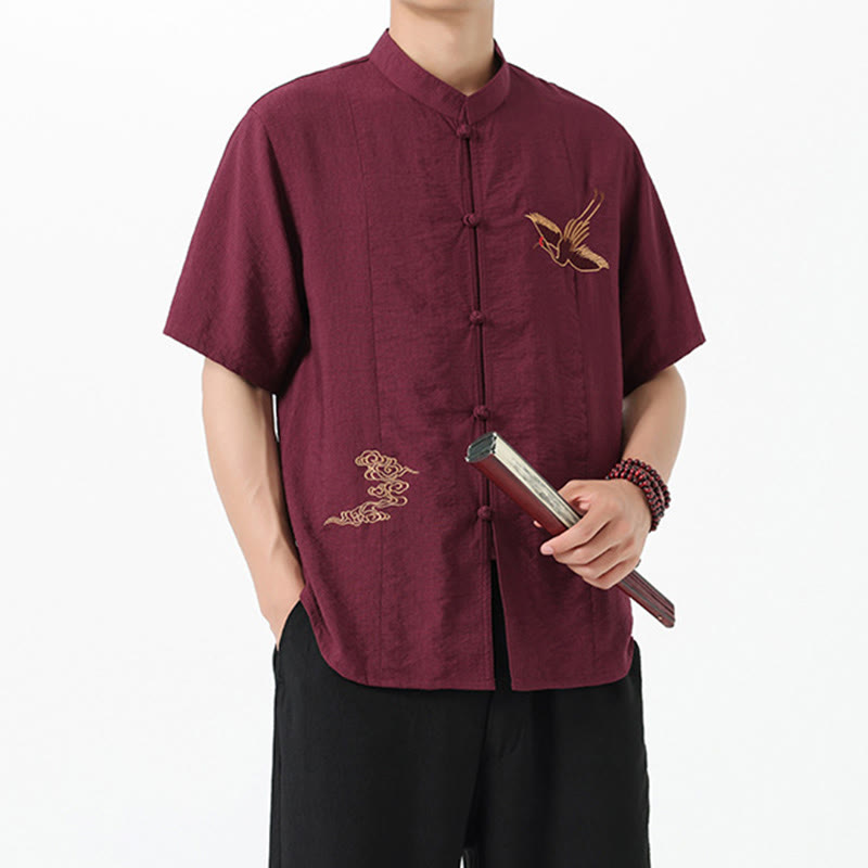 Buddha Stones Vintage Embroidery Buttons Half Sleeve Design Stand Collar Men's Cotton Shirt - image 5