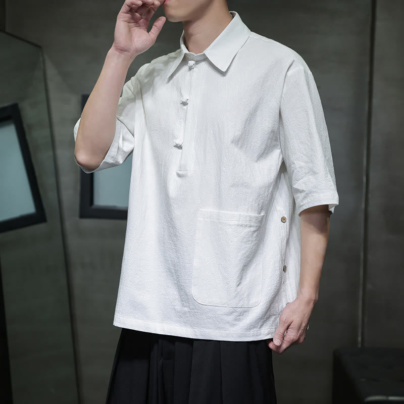 Buddha Stones Commute Plain Half Buttons Design Men's Cotton Linen Half Sleeve Shirt With Pocket - image 2