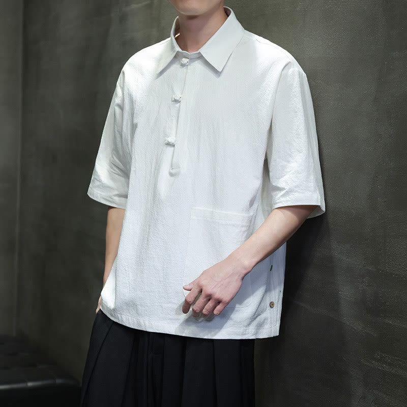 Buddha Stones Commute Plain Half Buttons Design Men's Cotton Linen Half Sleeve Shirt With Pocket - White - US/UK/AU46，EU56 (5XL) - image 1
