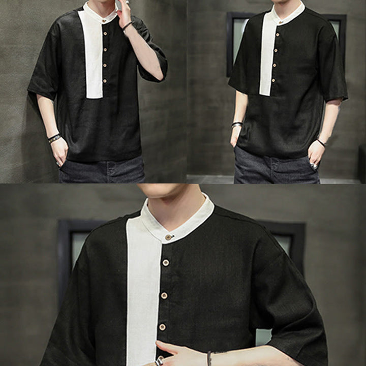 Buddha Stones Summer Half Buttons Color Matching Design Half Sleeve Men's Cotton Linen Shirt