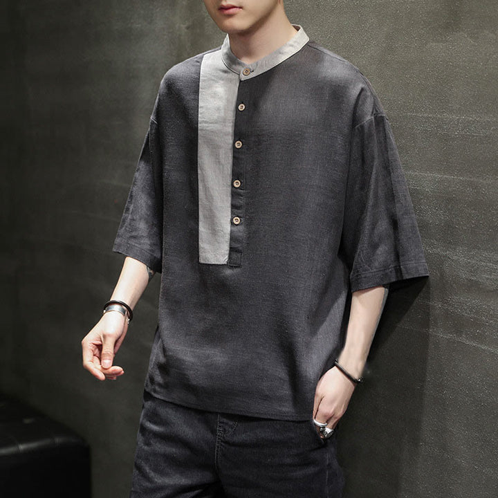 Buddha Stones Summer Half Buttons Color Matching Design Half Sleeve Men's Cotton Linen Shirt