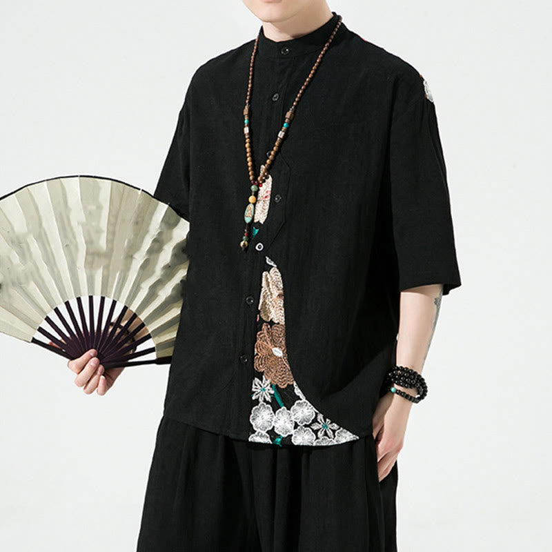 Buddha Stones Embroidery Patchwork Simple Design Three Quarter Sleeve Men's Cotton Linen Shirt