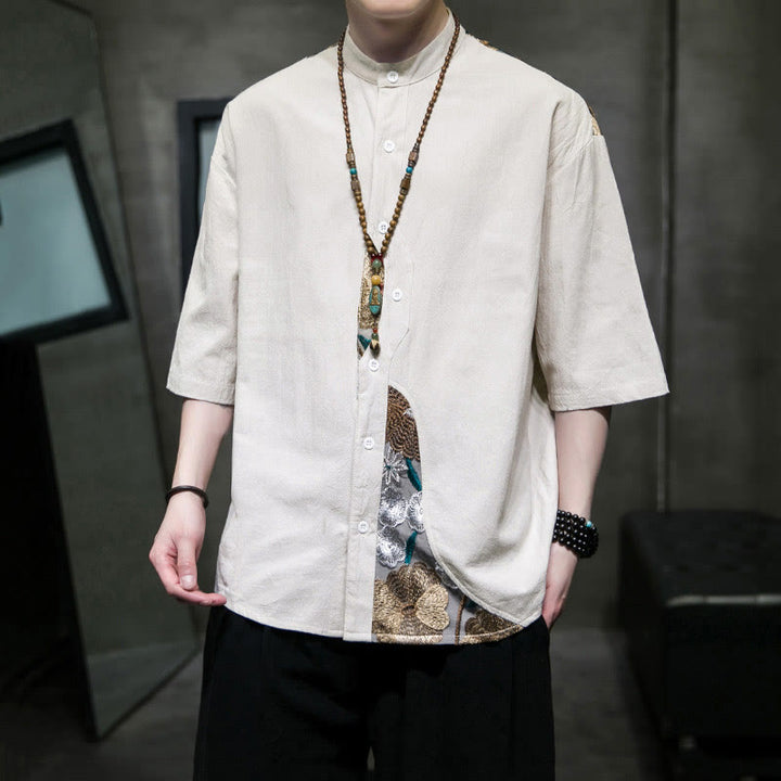 Buddha Stones Embroidery Patchwork Simple Design Three Quarter Sleeve Men's Cotton Linen Shirt