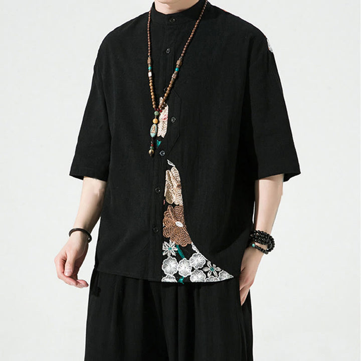 Buddha Stones Embroidery Patchwork Simple Design Three Quarter Sleeve Men's Cotton Linen Shirt