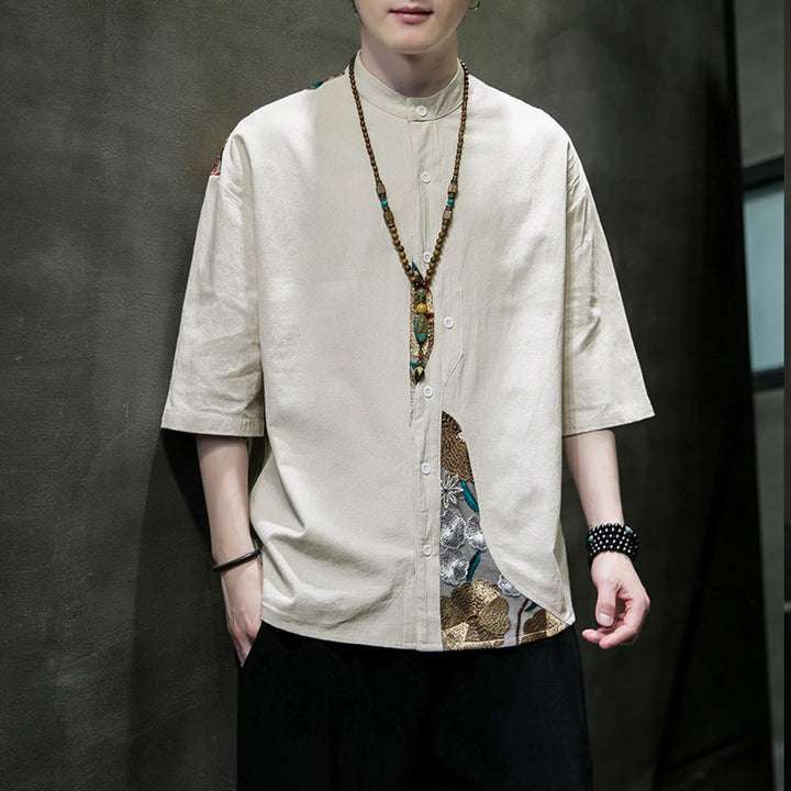 Buddha Stones Embroidery Patchwork Simple Design Three Quarter Sleeve Men's Cotton Linen Shirt