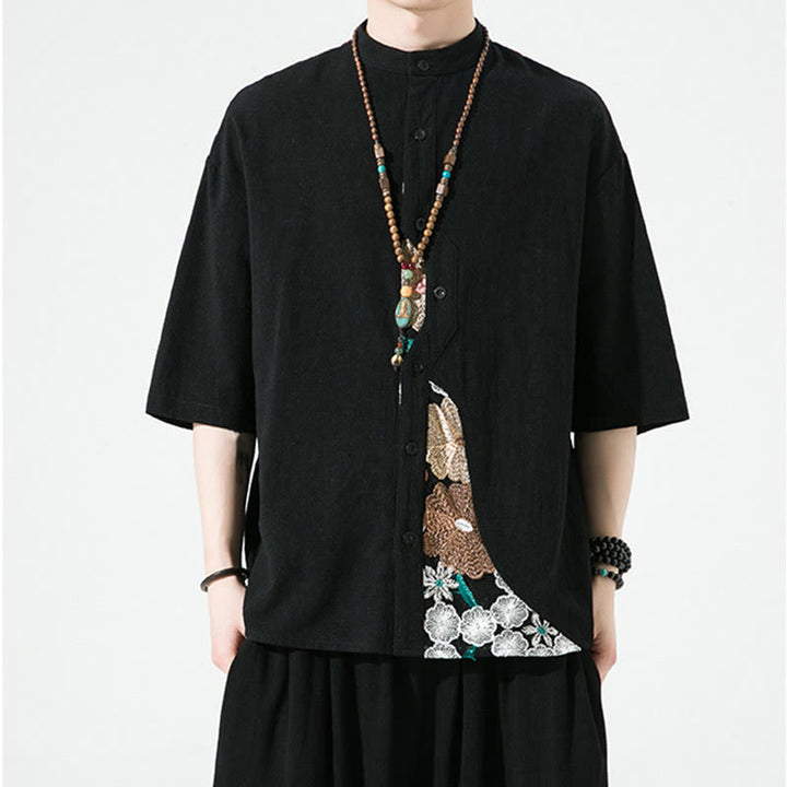 Buddha Stones Embroidery Patchwork Simple Design Three Quarter Sleeve Men's Cotton Linen Shirt