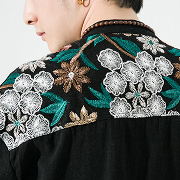 Buddha Stones Embroidery Patchwork Simple Design Three Quarter Sleeve Men's Cotton Linen Shirt
