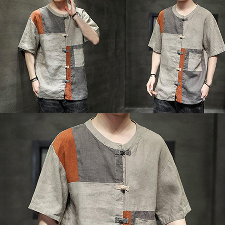 Buddha Stones Vintage Color Matching Button Half Sleeve Men's Cotton Linen Shirt With Pocket