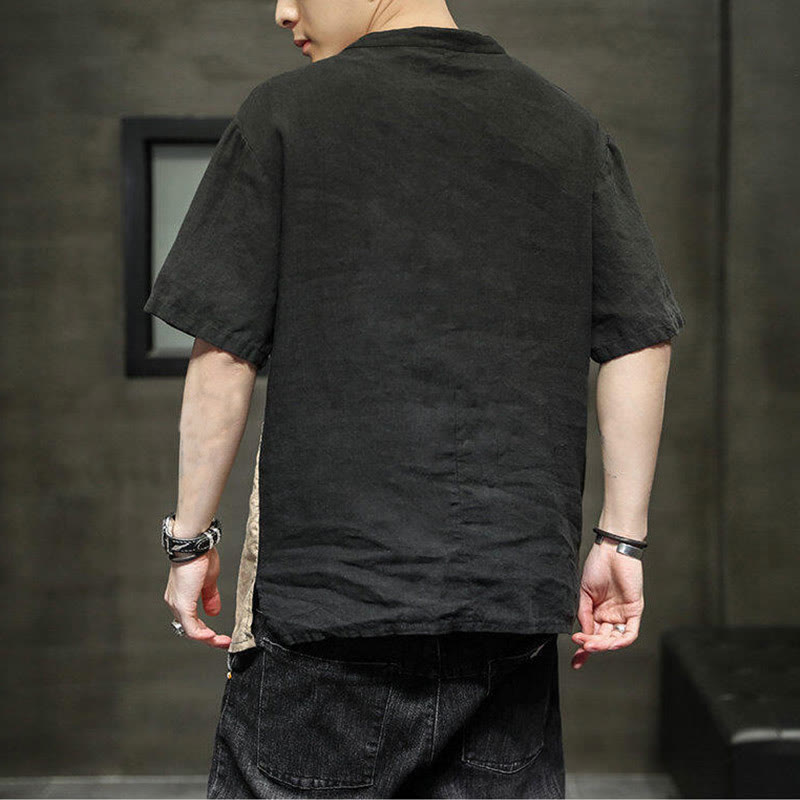 Buddha Stones Vintage Color Matching Button Half Sleeve Men's Cotton Linen Shirt With Pocket
