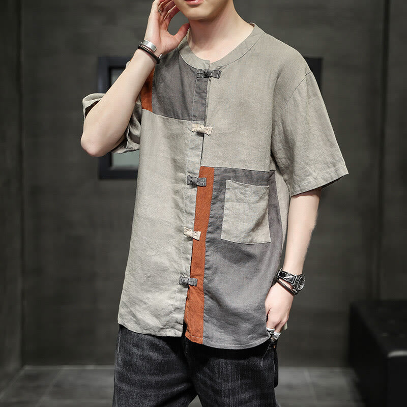 Buddha Stones Vintage Color Matching Button Half Sleeve Men's Cotton Linen Shirt With Pocket