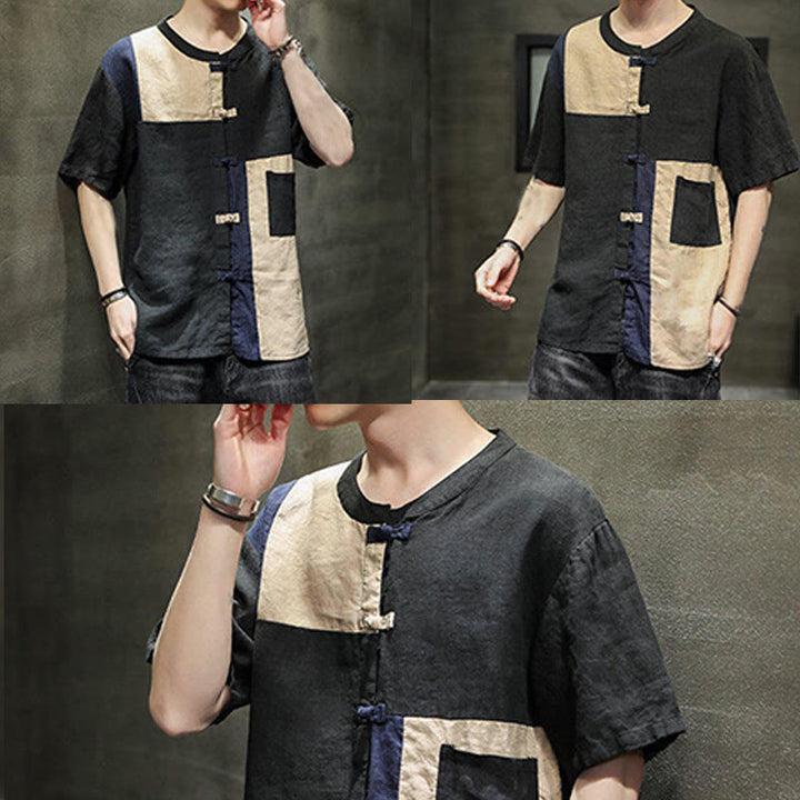 Buddha Stones Vintage Color Matching Button Half Sleeve Men's Cotton Linen Shirt With Pocket