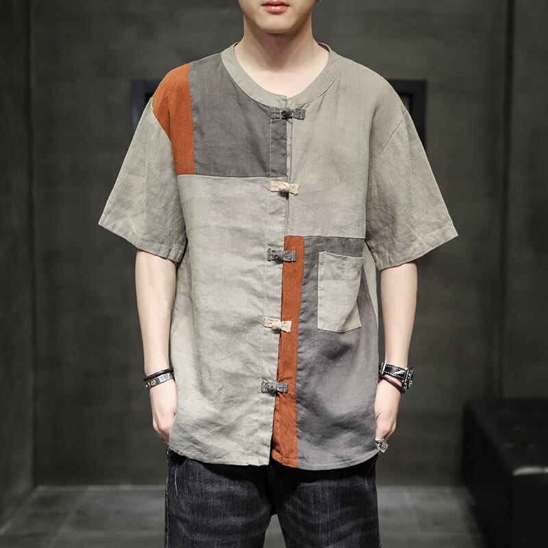 Buddha Stones Vintage Color Matching Button Half Sleeve Men's Cotton Linen Shirt With Pocket