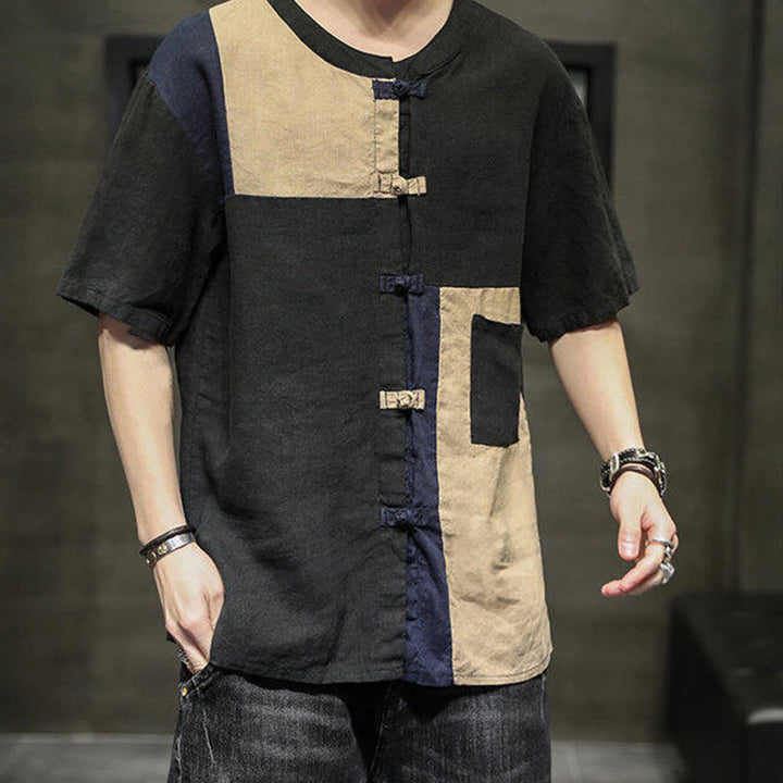 Buddha Stones Vintage Color Matching Button Half Sleeve Men's Cotton Linen Shirt With Pocket