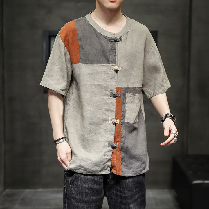 Buddha Stones Vintage Color Matching Button Half Sleeve Men's Cotton Linen Shirt With Pocket
