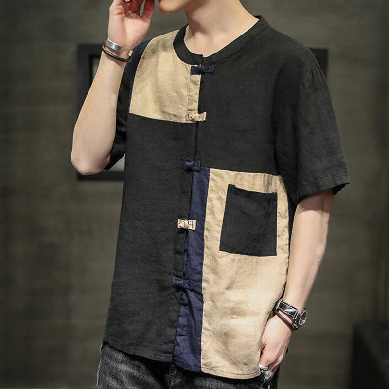 Buddha Stones Vintage Color Matching Button Half Sleeve Men's Cotton Linen Shirt With Pocket