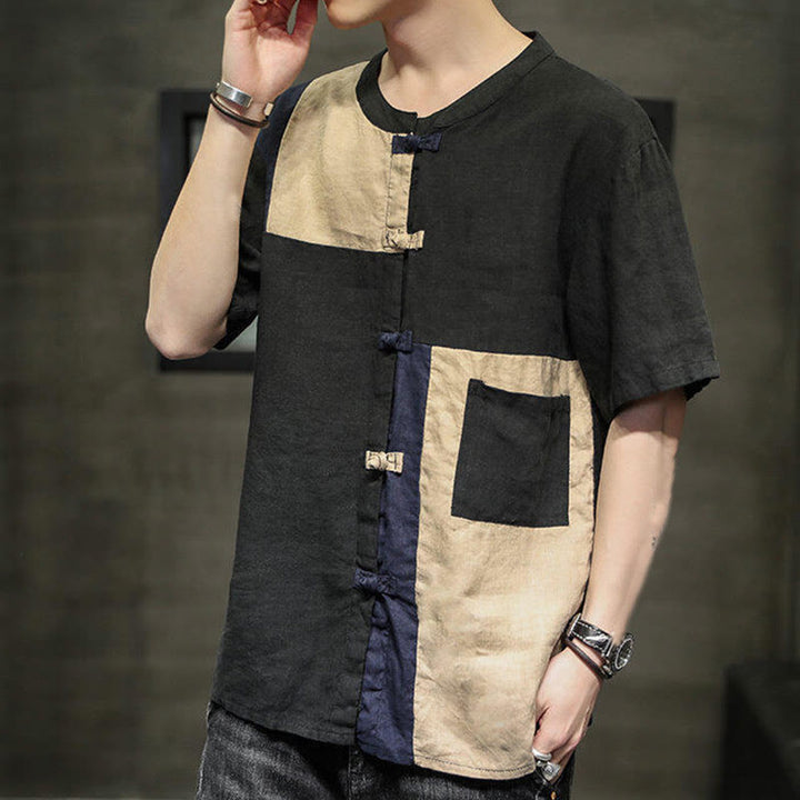 Buddha Stones Vintage Color Matching Button Half Sleeve Men's Cotton Linen Shirt With Pocket