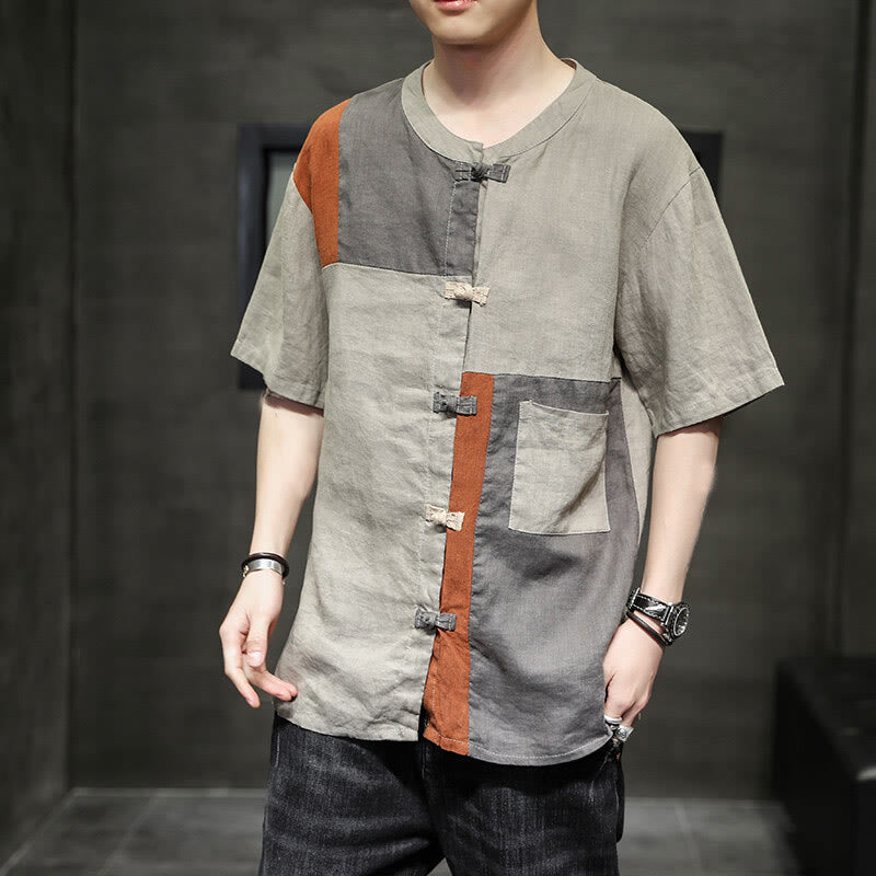 Buddha Stones Vintage Color Matching Button Half Sleeve Men's Cotton Linen Shirt With Pocket