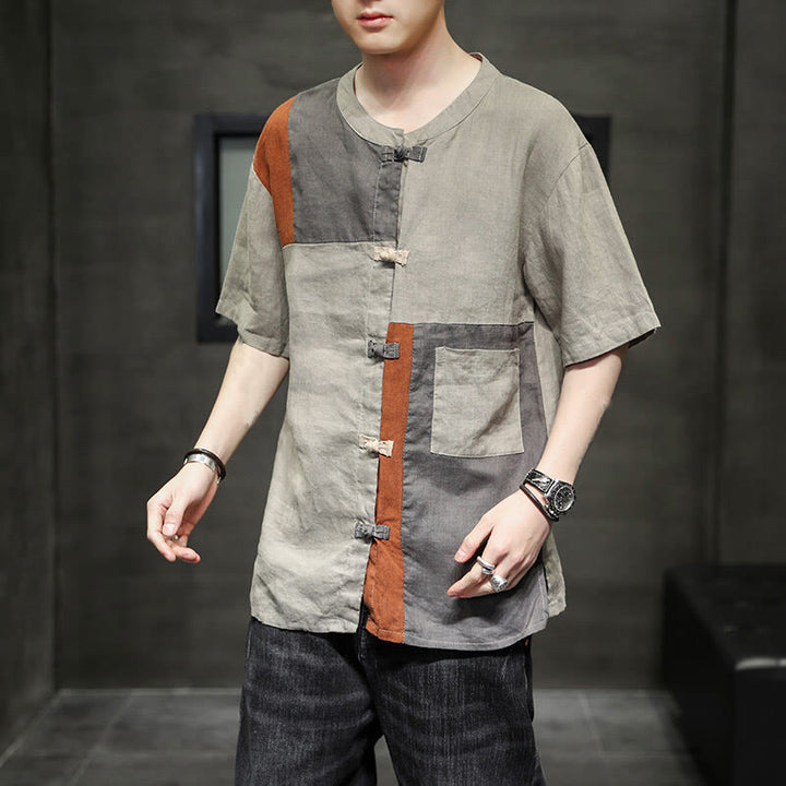 Buddha Stones Vintage Color Matching Button Half Sleeve Men's Cotton Linen Shirt With Pocket