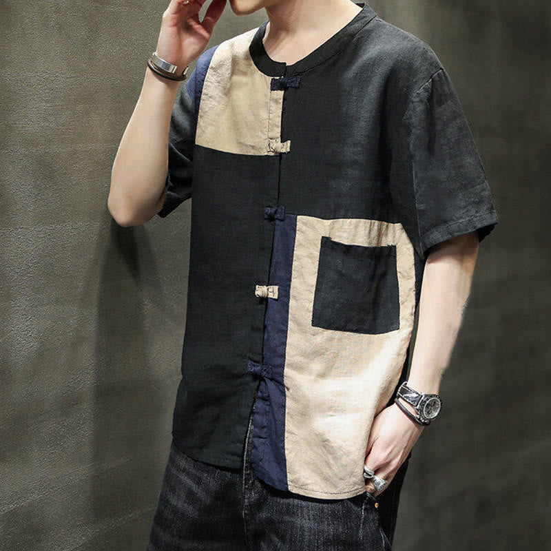 Buddha Stones Vintage Color Matching Button Half Sleeve Men's Cotton Linen Shirt With Pocket