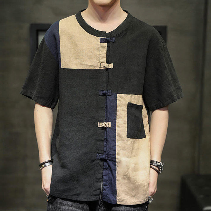 Buddha Stones Vintage Color Matching Button Half Sleeve Men's Cotton Linen Shirt With Pocket