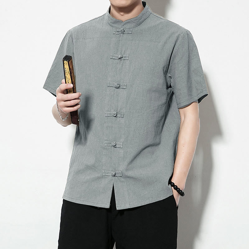 Buddha Stones Casual Solid Color Front Frog Buttons Chinese Tang Suit Short Sleeve Linen Men's Shirt - image 33