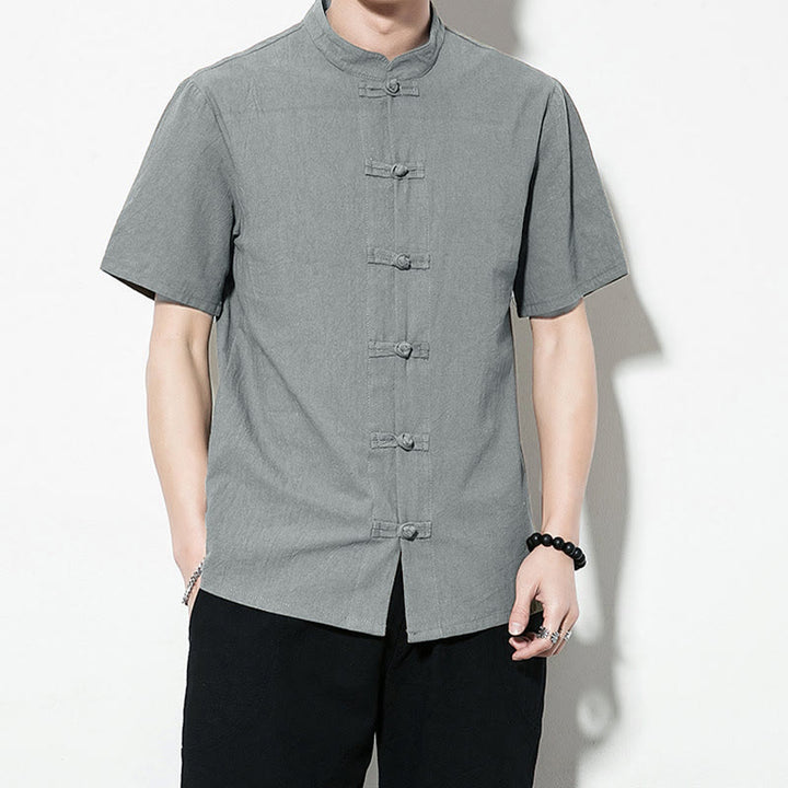 Buddha Stones Casual Solid Color Front Frog Buttons Chinese Tang Suit Short Sleeve Linen Men's Shirt - image 36
