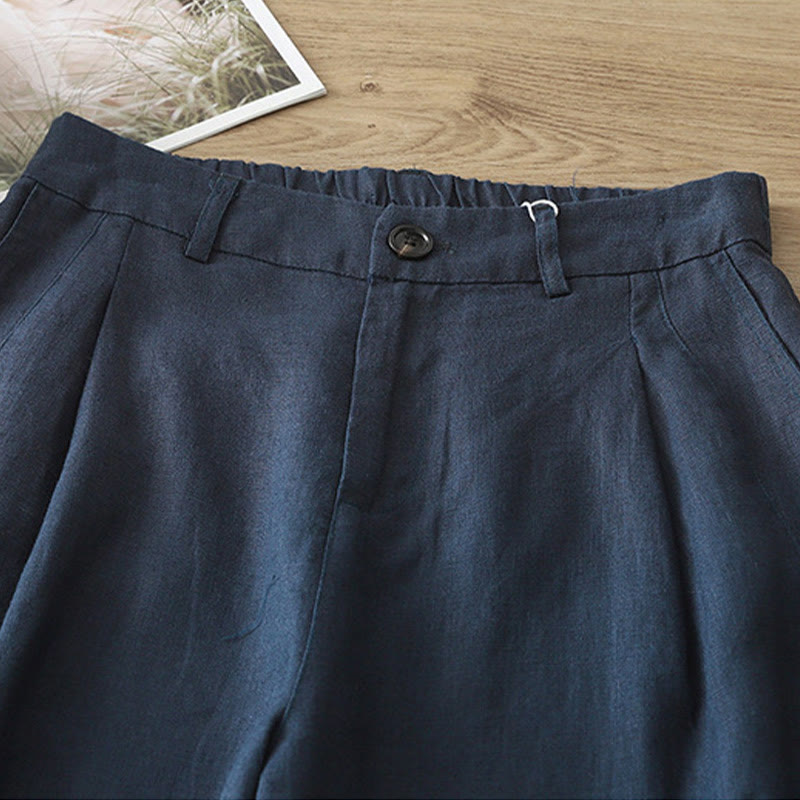 Buddha Stones Casual Retro Plain Women's Cotton Wide Leg Pants With Pockets Zipper