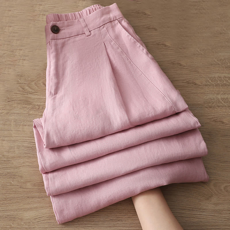 Buddha Stones Casual Retro Plain Women's Cotton Wide Leg Pants With Pockets Zipper