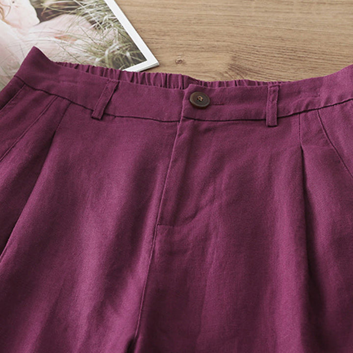 Buddha Stones Casual Retro Plain Women's Cotton Wide Leg Pants With Pockets Zipper