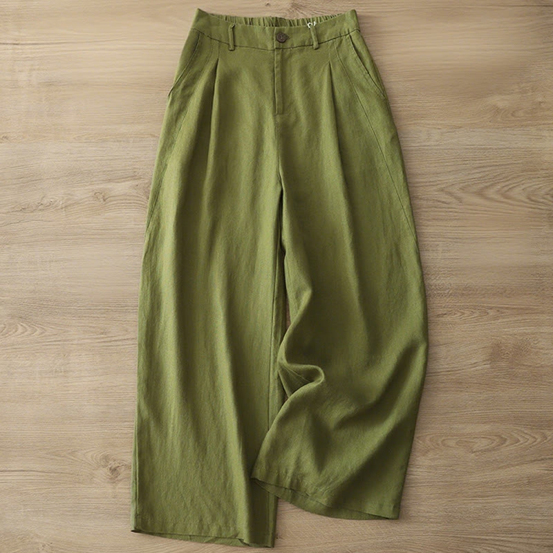 Buddha Stones Casual Retro Plain Women's Cotton Wide Leg Pants With Pockets Zipper