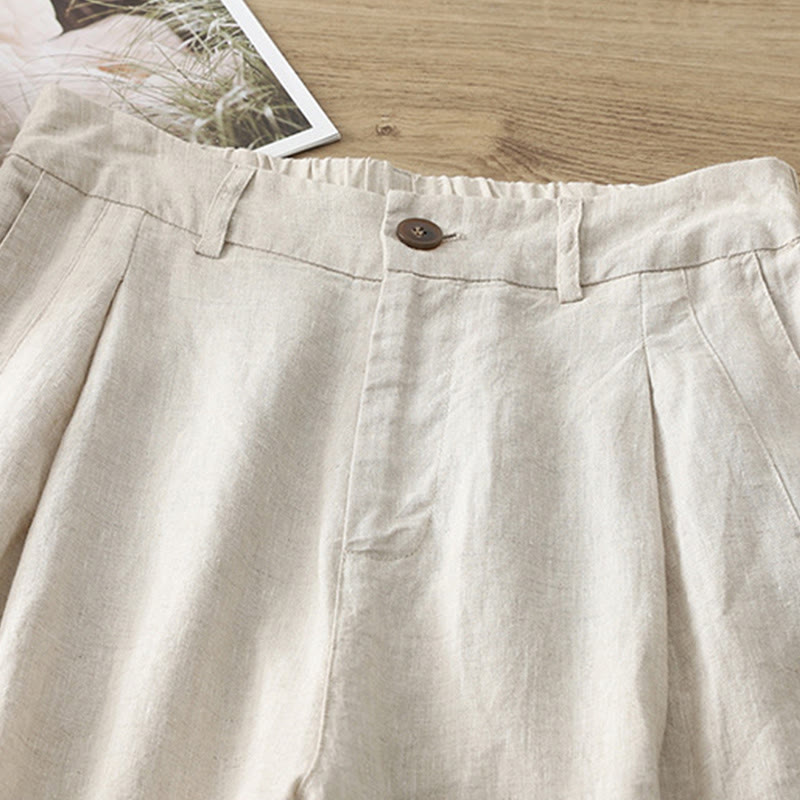 Buddha Stones Casual Retro Plain Women's Cotton Wide Leg Pants With Pockets Zipper