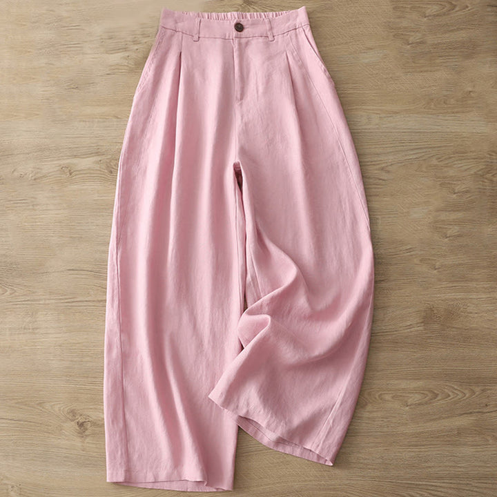 Buddha Stones Casual Retro Plain Women's Cotton Wide Leg Pants With Pockets Zipper