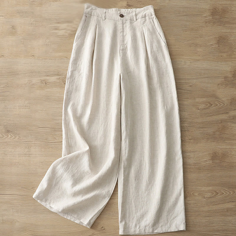 Buddha Stones Casual Retro Plain Women's Cotton Wide Leg Pants With Pockets Zipper