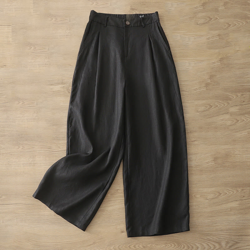 Buddha Stones Casual Retro Plain Women's Cotton Wide Leg Pants With Pockets Zipper