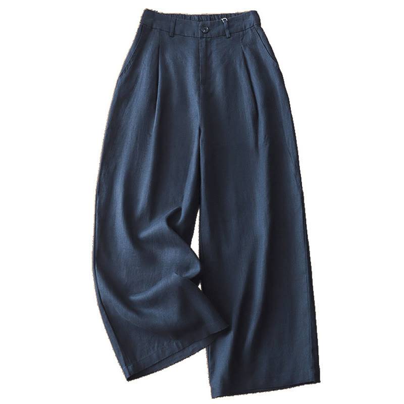 Buddha Stones Casual Retro Plain Women's Cotton Wide Leg Pants With Pockets Zipper