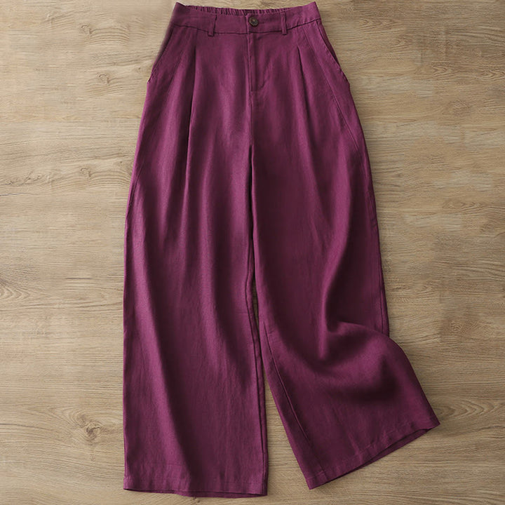 Buddha Stones Casual Retro Plain Women's Cotton Wide Leg Pants With Pockets Zipper