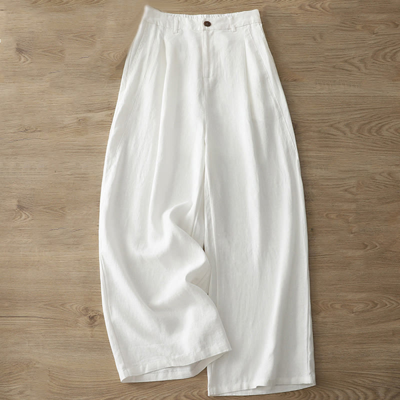 Buddha Stones Casual Retro Plain Women's Cotton Wide Leg Pants With Pockets Zipper