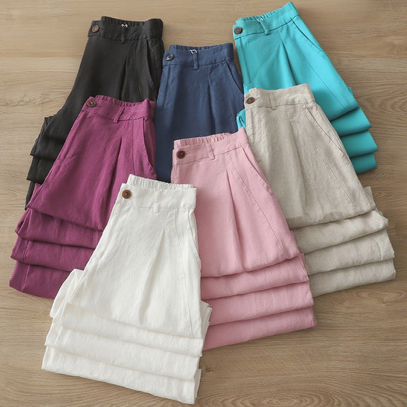 Buddha Stones Casual Retro Plain Women's Cotton Wide Leg Pants With Pockets Zipper - image 38