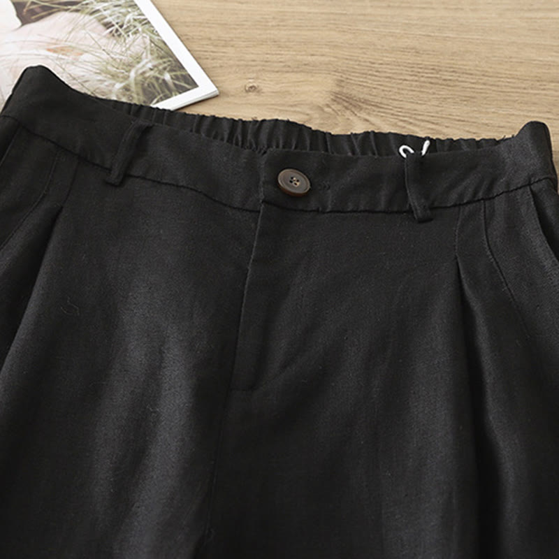 Buddha Stones Casual Retro Plain Women's Cotton Wide Leg Pants With Pockets Zipper