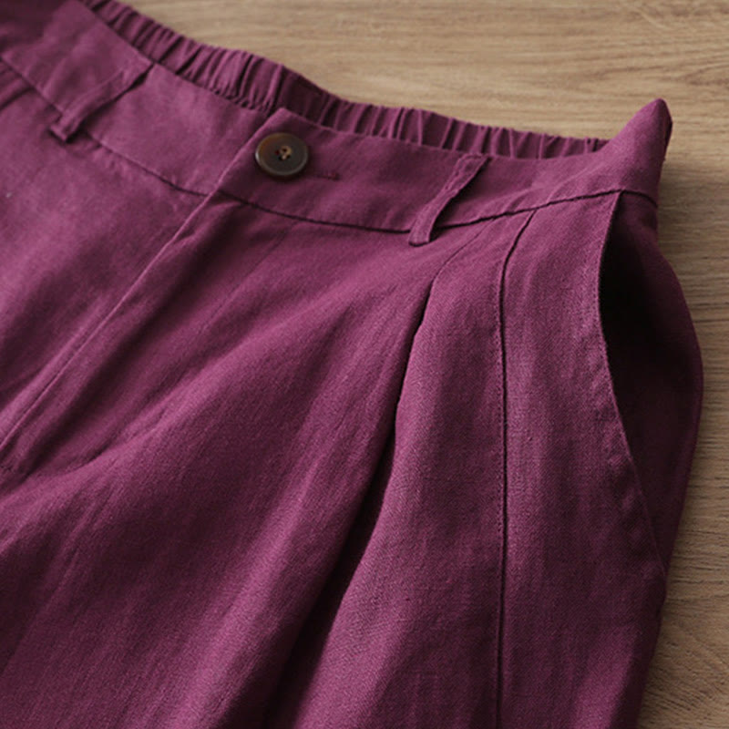 Buddha Stones Casual Retro Plain Women's Cotton Wide Leg Pants With Pockets Zipper