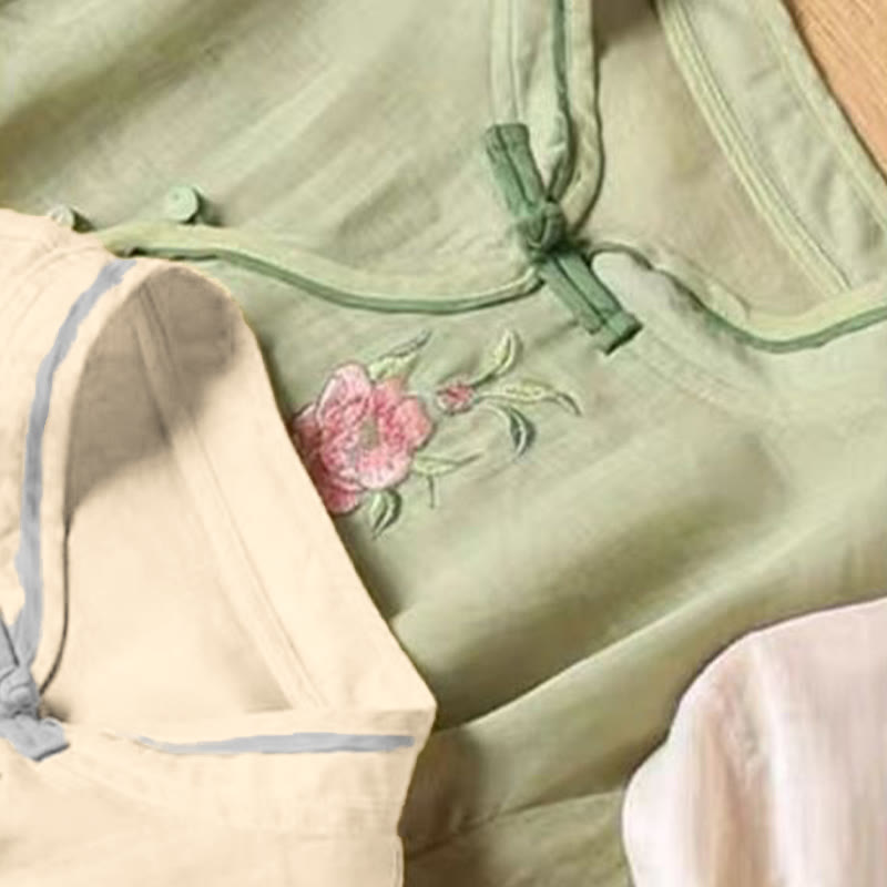 Buddha Stones Casual Vintage Embroidery Flower Pattern Chinese Frog-Button Crew Neck Design Women's Cotton Linen Shirt - image 12