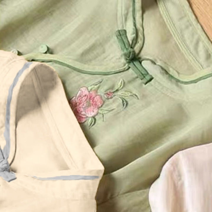 Buddha Stones Casual Vintage Embroidery Flower Pattern Chinese Frog-Button Crew Neck Design Women's Cotton Linen Shirt - image 13