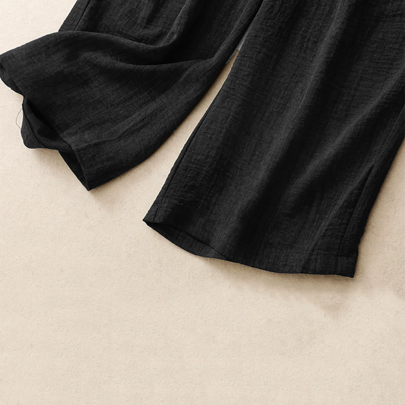 Buddha Stones Casual Summer Lace-Up Texture Design Women's Cotton Wide Leg Pants With Pockets
