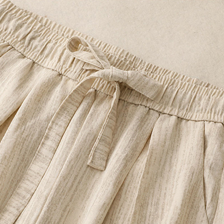 Buddha Stones Casual Summer Lace-Up Texture Design Women's Cotton Wide Leg Pants With Pockets