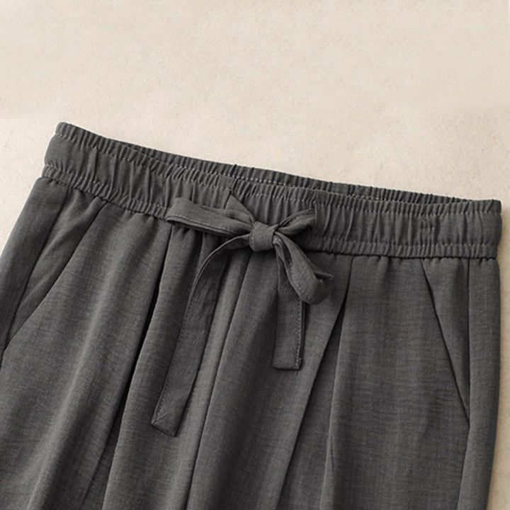 Buddha Stones Casual Summer Lace-Up Texture Design Women's Cotton Wide Leg Pants With Pockets