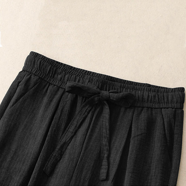 Buddha Stones Casual Summer Lace-Up Texture Design Women's Cotton Wide Leg Pants With Pockets