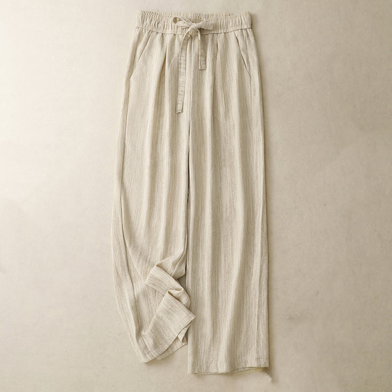 Buddha Stones Casual Summer Lace-Up Texture Design Women's Cotton Wide Leg Pants With Pockets