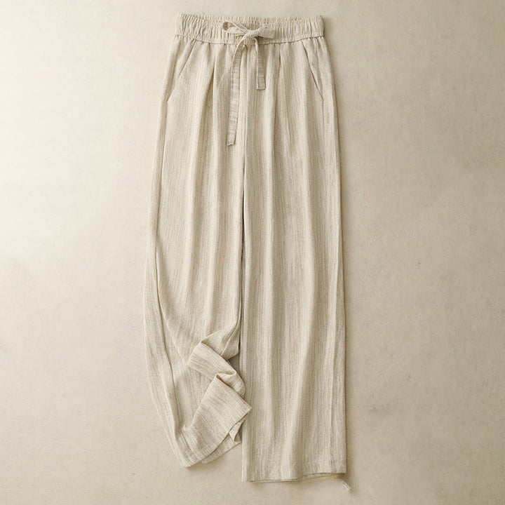 Buddha Stones Casual Summer Lace-Up Texture Design Women's Cotton Wide Leg Pants With Pockets