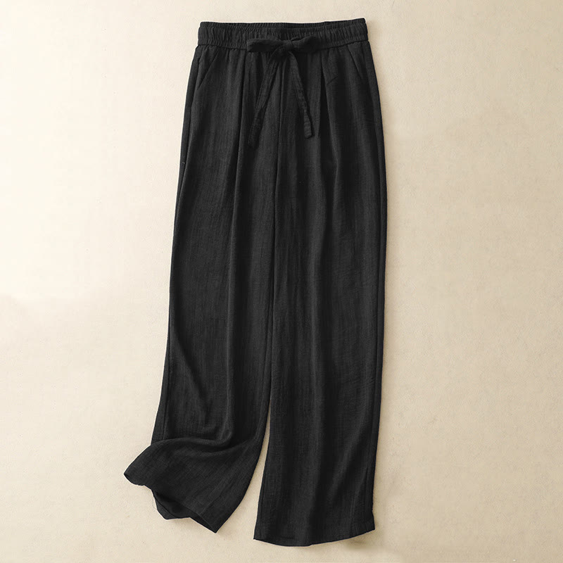 Buddha Stones Casual Summer Lace-Up Texture Design Women's Cotton Wide Leg Pants With Pockets