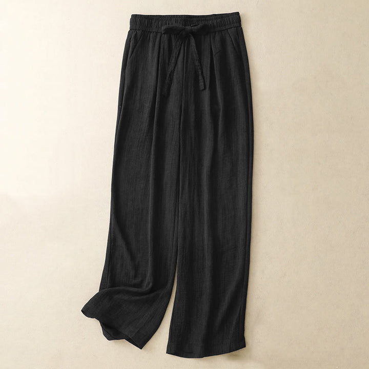 Buddha Stones Casual Summer Lace-Up Texture Design Women's Cotton Wide Leg Pants With Pockets